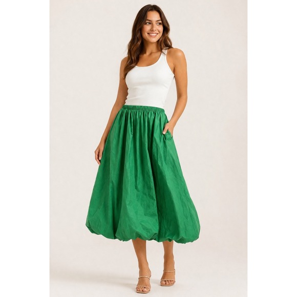 Zara Dresses & Skirts - Zara Green Bubble Hem Midi Skirt Elastic Waist Pockets 1255/513/933 Womens S